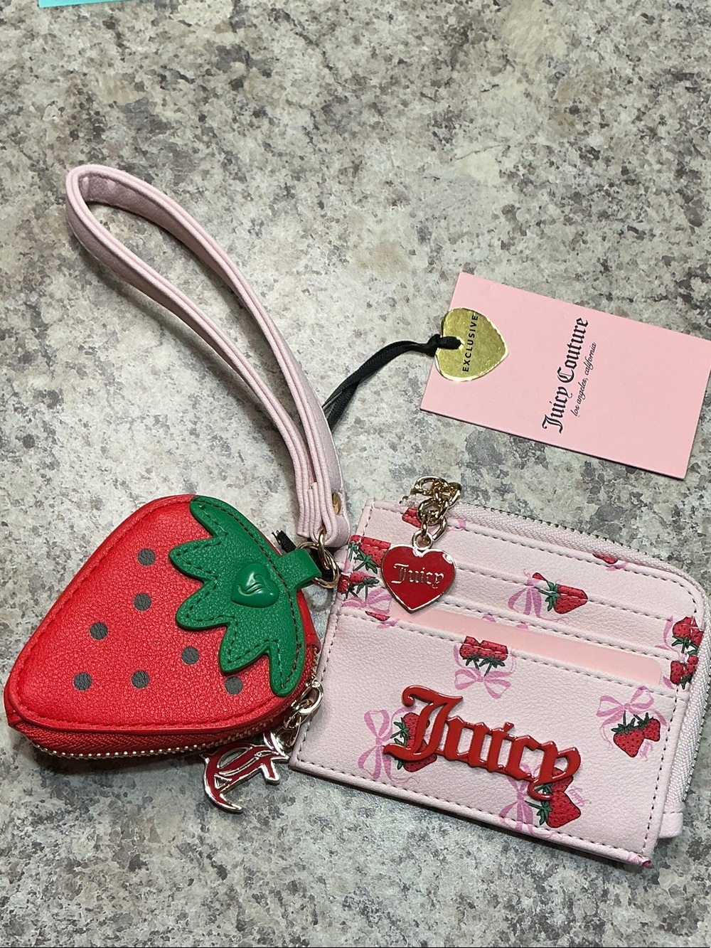 Juicy Couture 2 in 1 Pink Cardholder Wristlet with Red Strawberry Coin Pouch